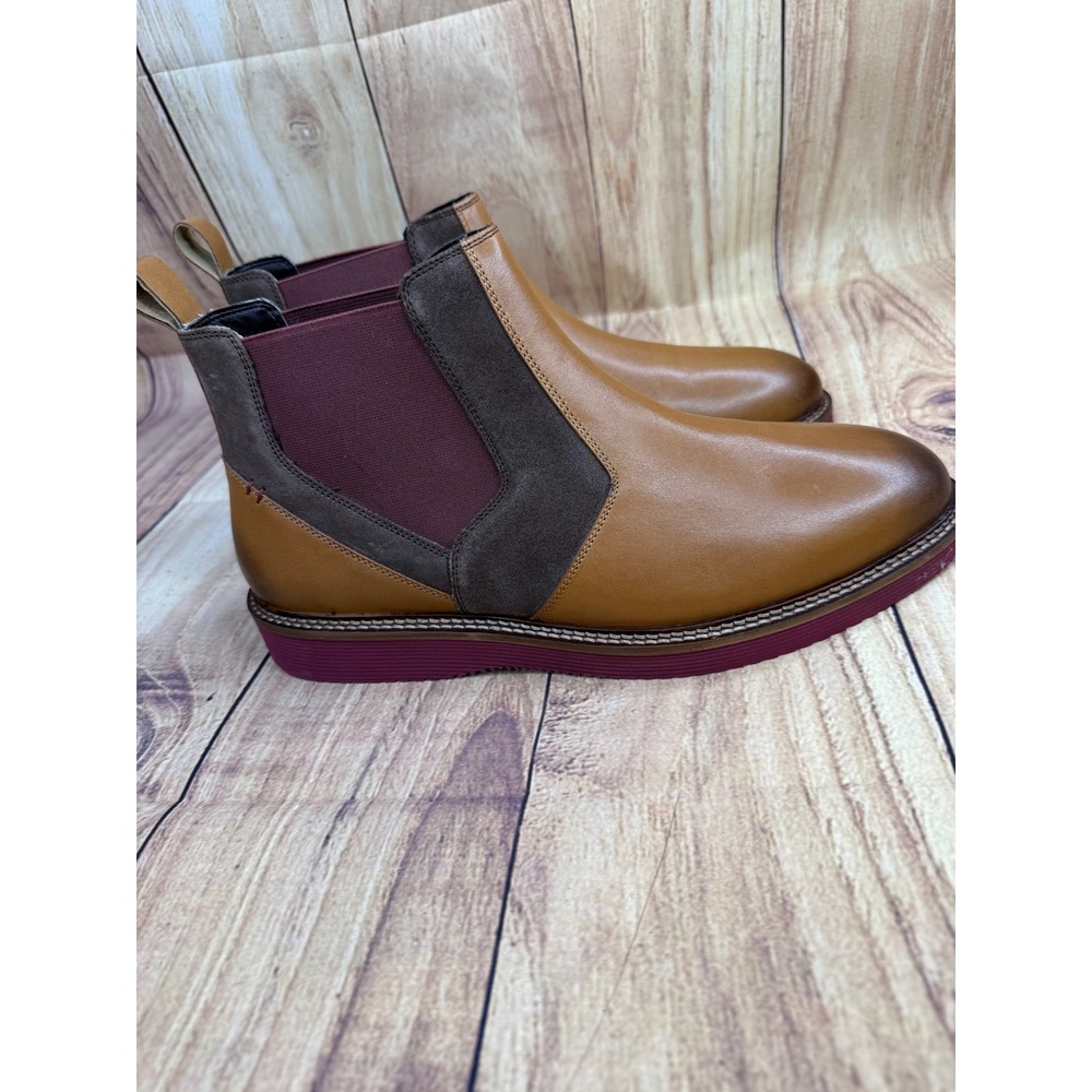 Thomas & Vine Mens 10.5 Tan Leather Suede Chelsea Boots Burgundy Sole PO 007595